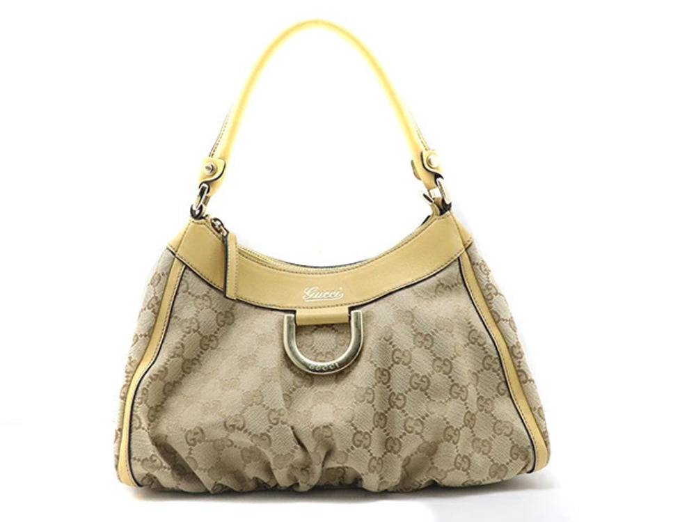 Gucci GG Canvas Shoulder Bag Hobo Beige Cream Yellow Leather